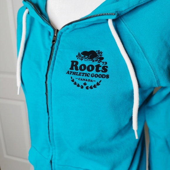 Roots turquoise/teal blue hooded zip sweater - Picture 2 of 8